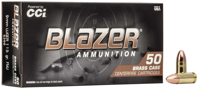  Ammunition Blazer 9mm Luger 115 Grain FMJ Brass Case Centerfire Pistol 50 Rounds Ammo