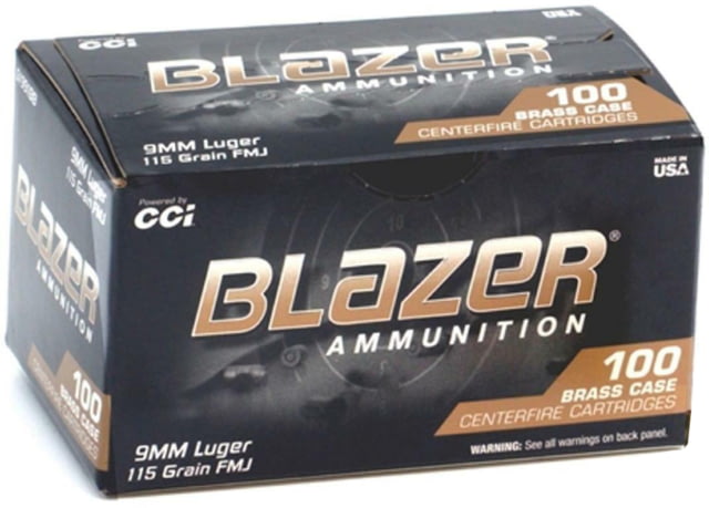  Ammunition Blazer 9mm Luger 115 Grain FMJ Brass Case Centerfire Pistol 100 Rounds Ammo