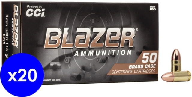  Ammunition Blazer Brass 9mm Caliber 115 Grain Full Metal Jacket Brass Cased Centerfire Pistol 1000 Rounds CCI Ammo