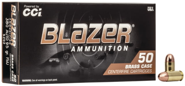  Ammunition Blazer .380 ACP 95 Grain FMJ Brass Case Brass Centerfire Pistol 50 Rounds Ammo
