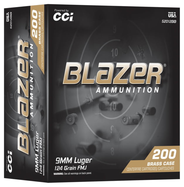 CCI Ammunition Blazer 9mm Luger 124 Grain FMJ Brass Pistol Ammo 200 Rounds Ammunition Blazer 9mm Luger 124 Grain FMJ Brass Pistol 200 Rounds Ammo