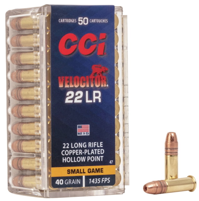 CCI Ammunition Velocitor .22 Long Rifle 40 Grain Copper Plated Hollow Point Rimfire Ammo, 50 Rounds, 47