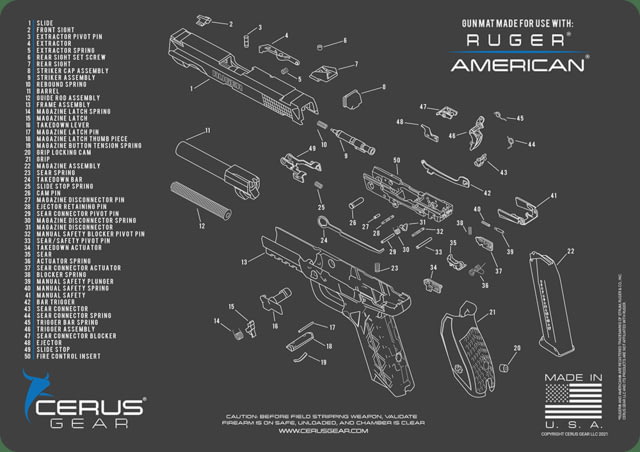 Cerus Gear RUGER AMERICAN HANDGUN SCHEMATIC GUN MAT - CHARCOAL GRAY/CERUS BLUE 12 X 17 16DD729E CER