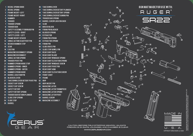 Cerus Gear RUGER SR22 SCHEMATIC HANDGUN MAT - CHARCOAL GRAY/CERUS BLUE 12 X 17 34C995B9 CER