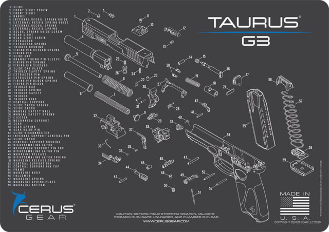 Cerus Gear TAURUS G3 SCHEMATIC HANDGUN MAT - CHARCOAL GRAY/CERUS BLUE 12 X 17 1AAD02E8 CER