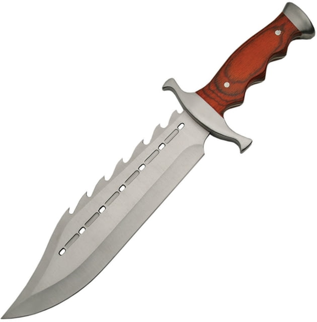 China Made Bowie Gator Back Wood Fixed Blade Knife 15in Overall 9.5in Satin SS Clip Point Blade Brown Pakkawood Handle SS Guard And Pommel Sawback - China Made
