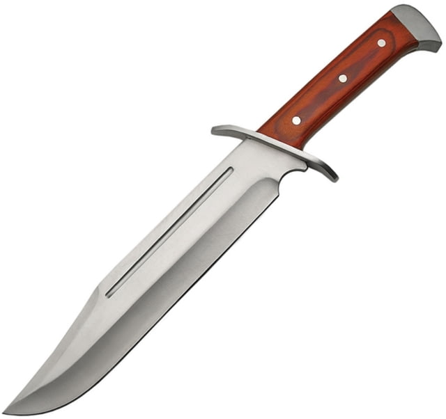 China Made Bowie Wood with Sheath Fixed Blade Knife 15.5in Overall 10in Satin SS Clip Point Blade Brown Pakkawood Handle SS Guard And Pommel Black - China Made