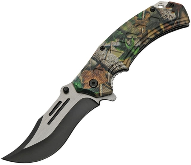 China Made Camo Linerlock A/O Folding Knife 5in Closed 3.75in Two-Tone Finish SS Upswept Blade Camo Synthetic Camo - China Made