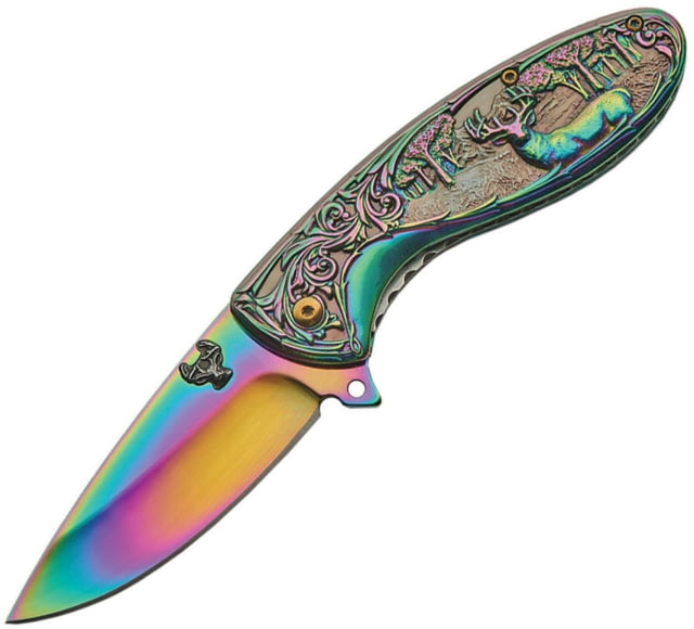 China Made Deer Linerlock Spectrum A/O Folding Knife 4.5in Closed 3.25in Spectrum Titanium Coated SS Drop Point Spectrum Titanium Finish SS Spectrum