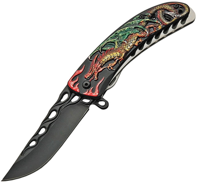 China Made Dragon Linerlock A/O Folding Knife 4.5in Closed 3.5in Black SS Clip Point Blade Sculpted Aluminum - China Made