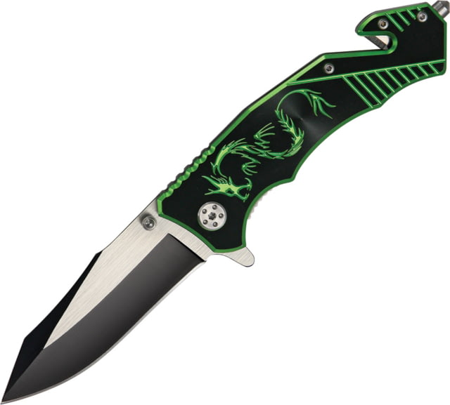 China Made Dragon Rescue Linerlock Folding Knife3.25inTwo Tone Stainless BladeLime Green Alum Handle CN - China Made