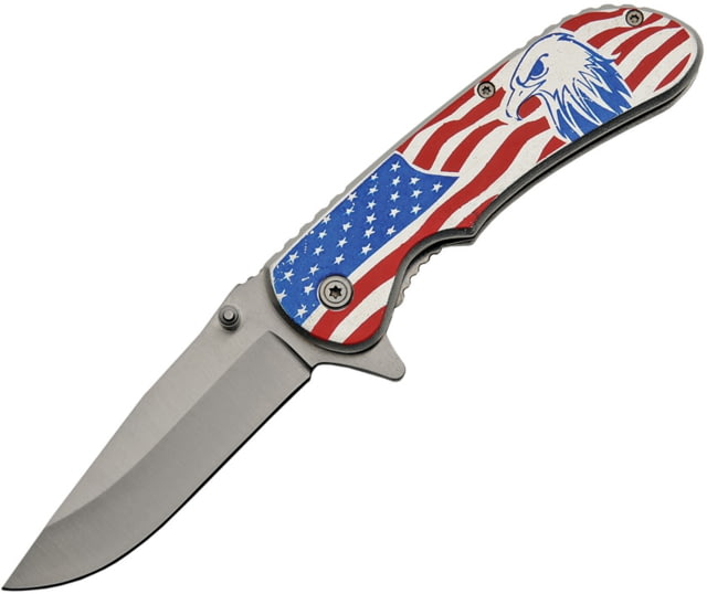 China Made Eagle/Flag Linerlock A/O Folding Knife 4.5in Closed 3.5in Satin SS Drop Point Silver Aluminum Silver - China Made