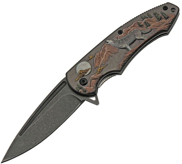 China Made Howling Wolf Linerlock Folding Knife 3.25" black stonewash finish stainless blade Sculpted stainless handle