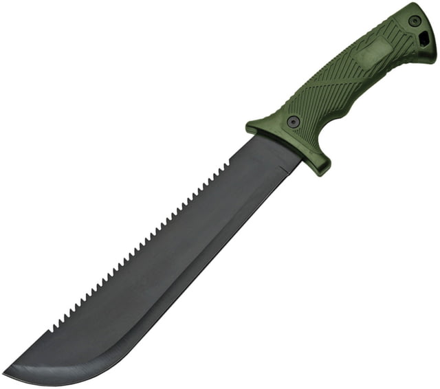 China Made Hunter Field Machete Knife 10" black finish sawback stainless blade Green rubber handle - China Made