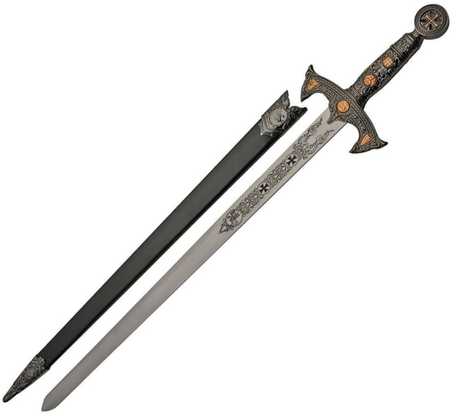 China Made Knights Templar Sword 29.5in Overall 22.5in Mirror Unsharpened SS Blade Silver And Rose Gold Sculpted Metal Alloy Handle Silver and rose