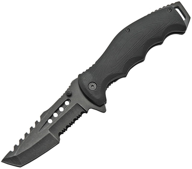 China Made Linerlock A/O Folding Knife 4.75in Closed 3.75in Black Stonewash Partially Serrated SS Tanto Black Rubberized ABS Black - China Made