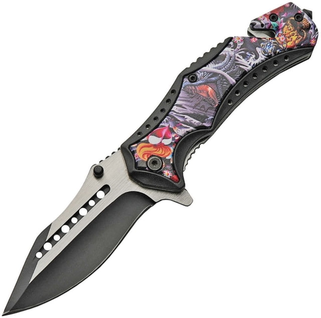 China Made Linerlock A/O Folding Knife 5in Closed 3.75in Two-Tone Finish SS Blade Black Nylon handle with Dragon nylon inlay Black - China Made