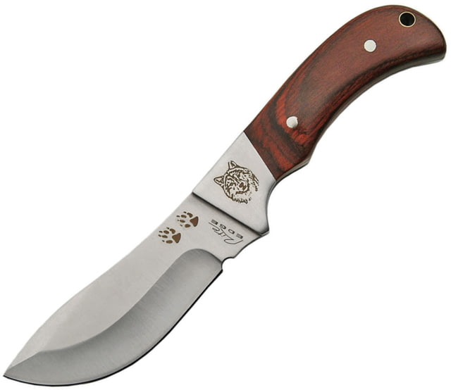 China Made Outdoorsman Wolf Skinner Fixed Blade Knife Outdoorsman Skinner 8in Overall 3.75in Satin SS Skinner Blade Brown Wood Handle SS Bolster Wolf - China Made