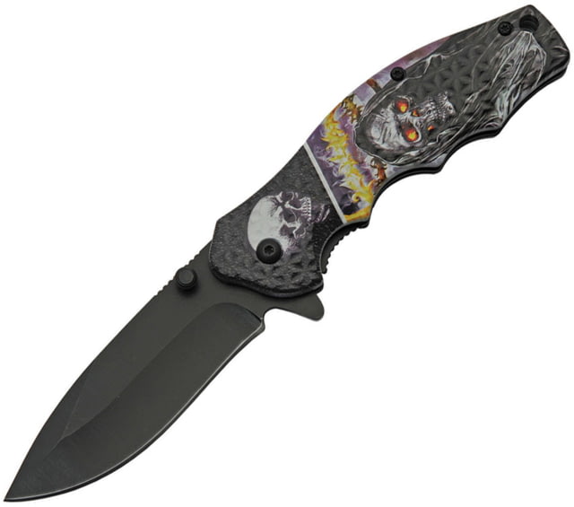 China Made Skull Linerlock A/O Folding Knife 3.25" black finish stainless blade Night watch skull handle artwork Black plastic ha