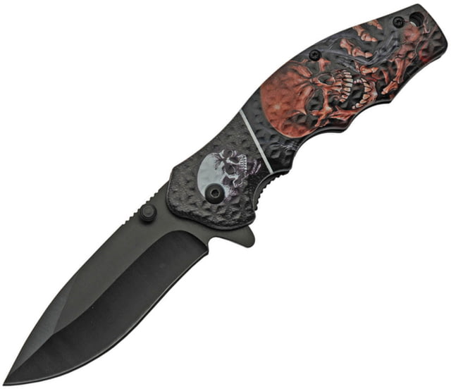China Made Skull Linerlock A/O Folding Knife 3.25" black finish stainless blade Screamer skull handle artwork Black plastic handl - China Made