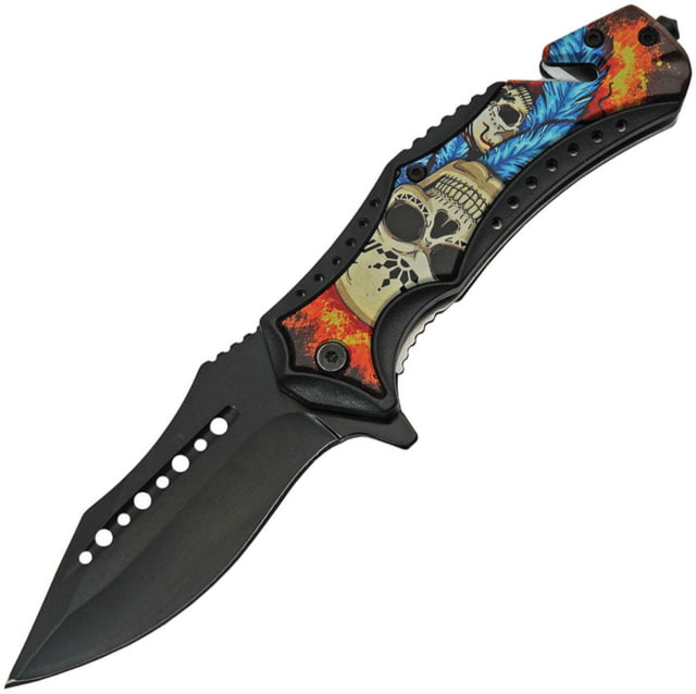 China Made Sugar Skull Linerlock A/O Folding Knife 3.75" black finish stainless blade Black ABS handle - China Made