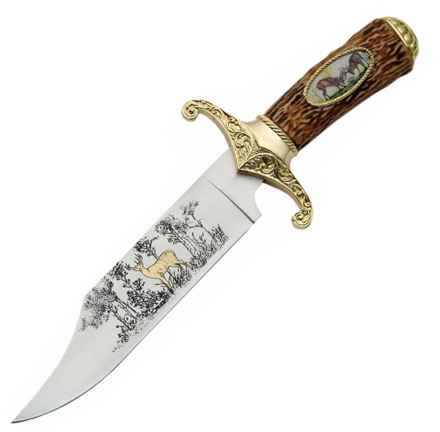 China Made Twin Deer Bowie Gold Fixed Blade Knife 11.75in Overall 7in Satin SS Bowie Blade Brown Jigged Synthetic Handle Black Leather Belt Sheath - China Made