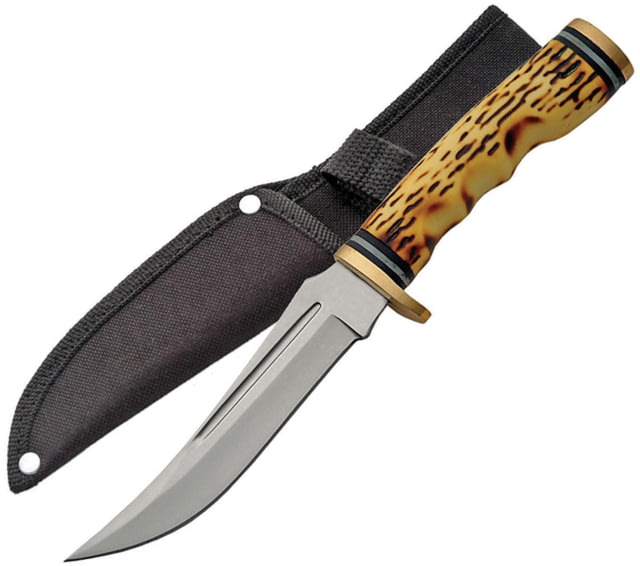 China Made Upswept Hunter w/Finger Grooved Imitation Stag Handle Fixed Blade Knife 9.25in Overall 5in Mirror SS Finger Grooved Imitation Stag Handle - China Made