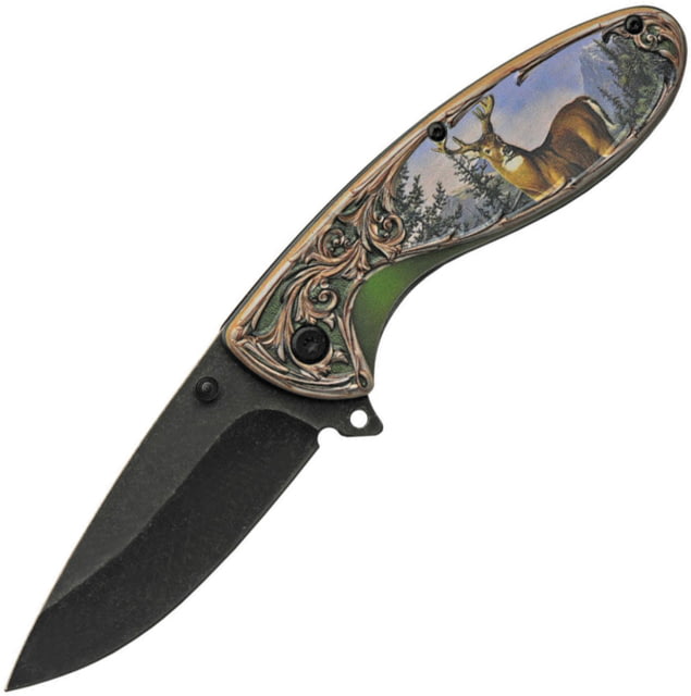 China Made Wildlife Linerlock Deer Folding Knife 3" black stonewash finish stainless blade ABS handle - China Made