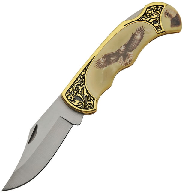 China Made Wolf Hunter Fixed Blade Folding Knife 3.5in Satin SS Clip Point Blade Smooth Bone And Brass - China Made