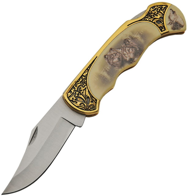 China Made Wolf Lockback Folding Knife 3.5in Satin SS Clip Point Blade Smooth Bone And Brass - China Made