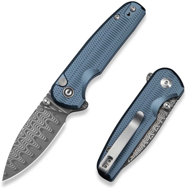 CIVIVI Mini Shakan Folding Knife 2.48 in Damascus Drop Point Blade Blue Aluminum Handle - Civivi