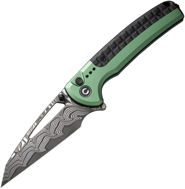 CIVIVI Sentinel Strike Damascus Folding Knife 5in Closed 3.75in Damascus Steel Reverse Tanto Blade Green Aluminum Handle w/ Black FRN Inlay Nylon Case - Civivi