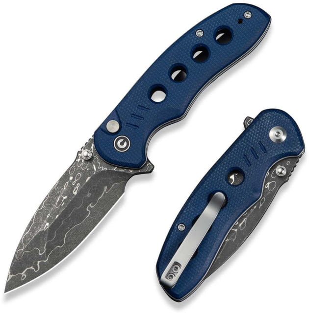 CIVIVI Triptych Flipper & Thumb Stud & Button Lock 2.97in Folding Knife Blue Canvas Micarta Handle Damascus Blade - Civivi