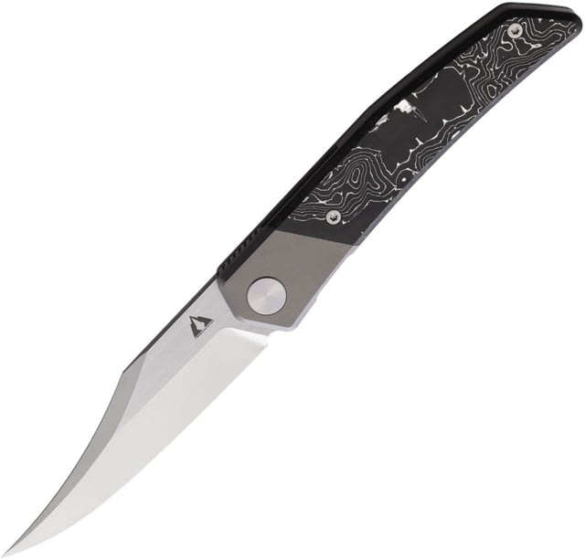 CMB Made Knives Zetsu Folding Knife w/ Silver Swirl 4.5in Closed 3.5in Satin Bohler M390 Stainless Curved Blade Carbon Fiber Handle w/ Silver Swirl - Cmb Made Knives