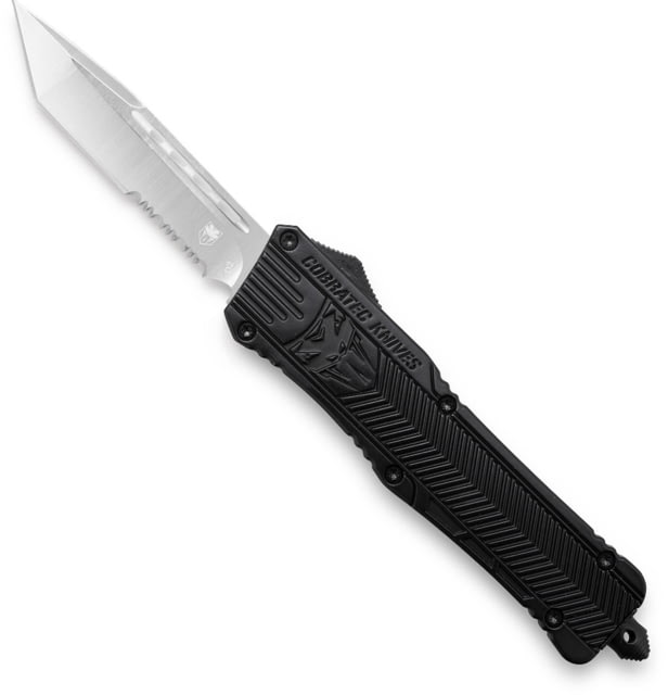 CobraTec Knives Large CTK-1 OTF Automatic Folding Knife 3.75in D2 Steel Tanto Blade Partially Serrated Aluminum Alloy Black Handle