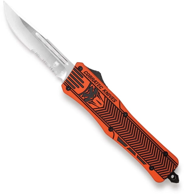 CobraTec Knives CTK-1 Medium OTF Knife 3in D2 Steel Drop Serrated Blade Cerakote Aluminum Orange w/Graphite Black Handle - Cobratec Knives