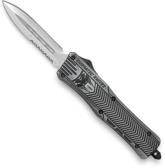 CobraTec Knives CTK-1 Medium OTF Knife 3in D2 Steel Dagger 1 Sided Serrated Blade Stonewash Aluminum Handle - Cobratec Knives
