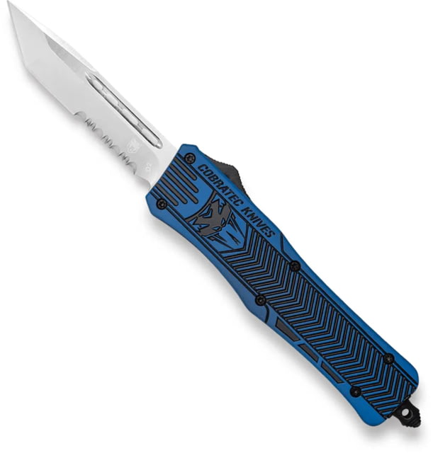 CobraTec Knives CTK-1 Medium OTF Knife 3in D2 Steel Tanto Serrated Blade Cerakote Aluminum Blue w/Graphite Black Handle - Cobratec Knives