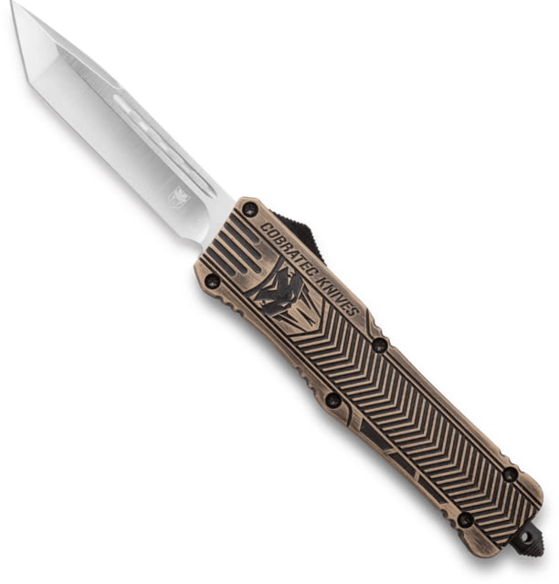 CobraTec Knives CTK-1 OTF Large Automatic Folding Knives 3.75in D2 Steel Tanto Plain Blade Cerakote Desert Sand Distressed Handle - Cobratec Knives