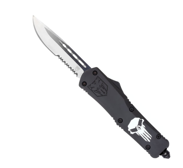 CobraTec Knives Large FS-3 OTF Knife 3.5in D2 Steel Drop Serrated Blade Cerakote/Black Punisher Handle - Cobratec Knives