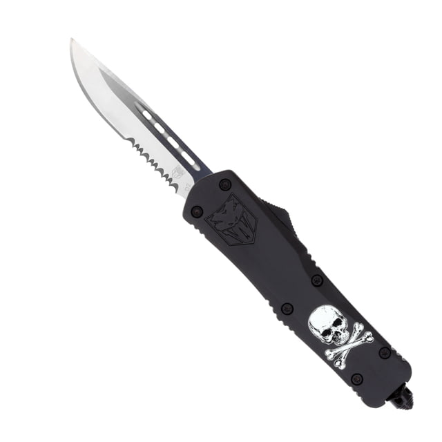 CobraTec Knives Large FS-3 OTF Knife 3.5in D2 Steel Drop Serrated Blade Cerakote/Jolly Roger Handle - Cobratec Knives