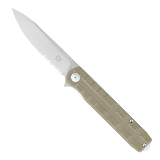 CobraTec Knives Large Kuzio Automatic Folding Knife 3.75in D2 Lightly Stonewashed Drop Serrated Blade Tan Handle - Cobratec Knives