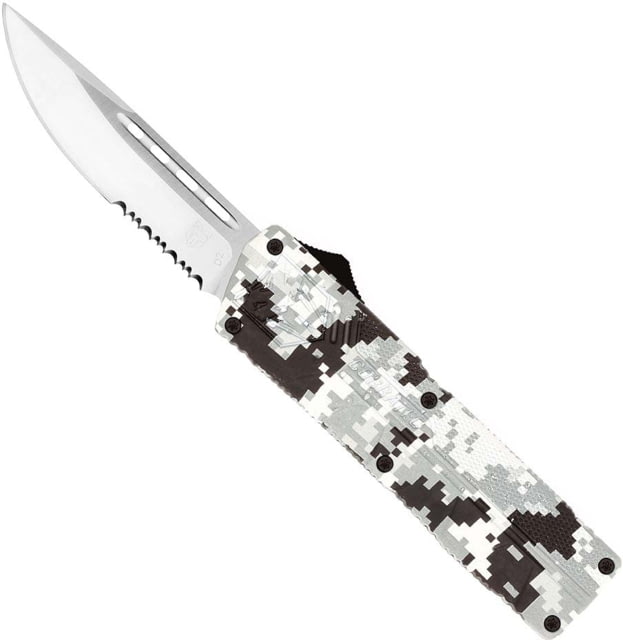 CobraTec Knives Lightweight OTF Automatic Folding Knives 3.25in D2 Steel Drop Serrated Blade Winter Digi Camo Aluminum Handle - Cobratec Knives
