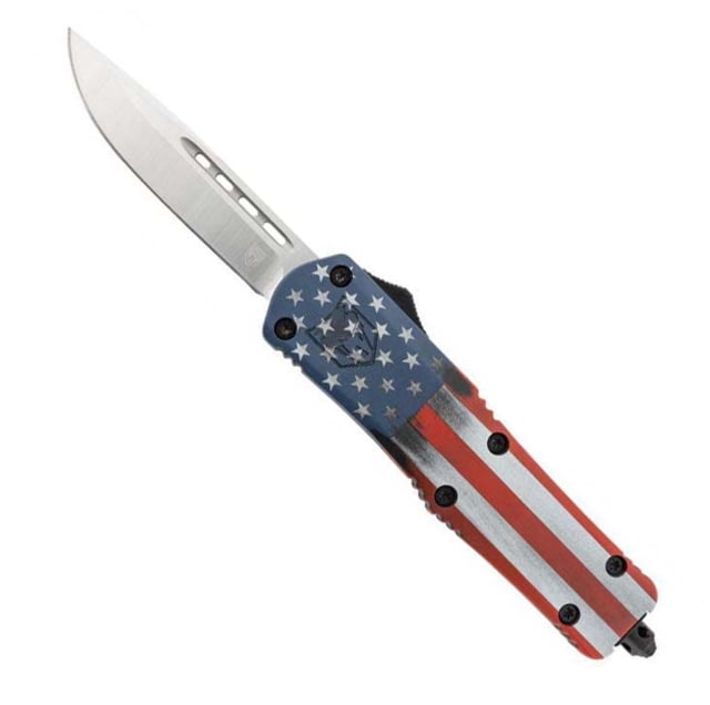 CobraTec Knives Medium FS-3 OTF Knife Automatic Folding Knife 3in D2 Steel Drop Point Non-Serrated Blade Aluminum Cerakote/USA Flag Handle