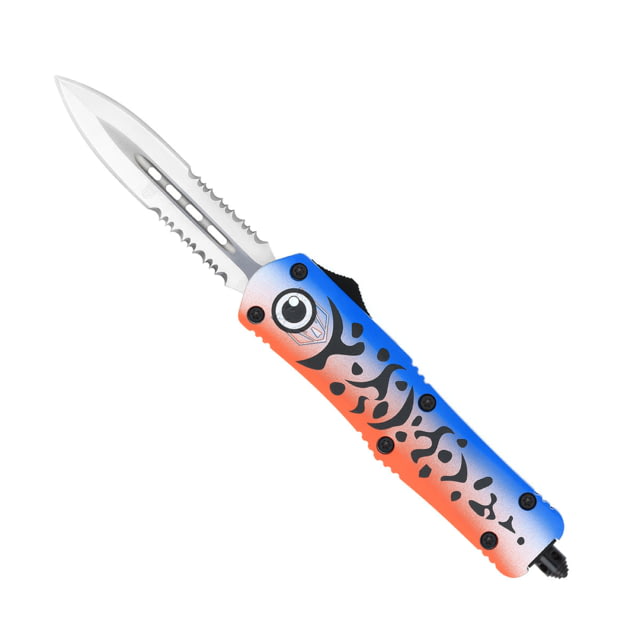 CobraTec Knives Medium FS-3 OTF Knife 3in D2 Steel Dagger 2 Side Serrated Blade Cerakote/Lure Blue Handle - Cobratec Knives