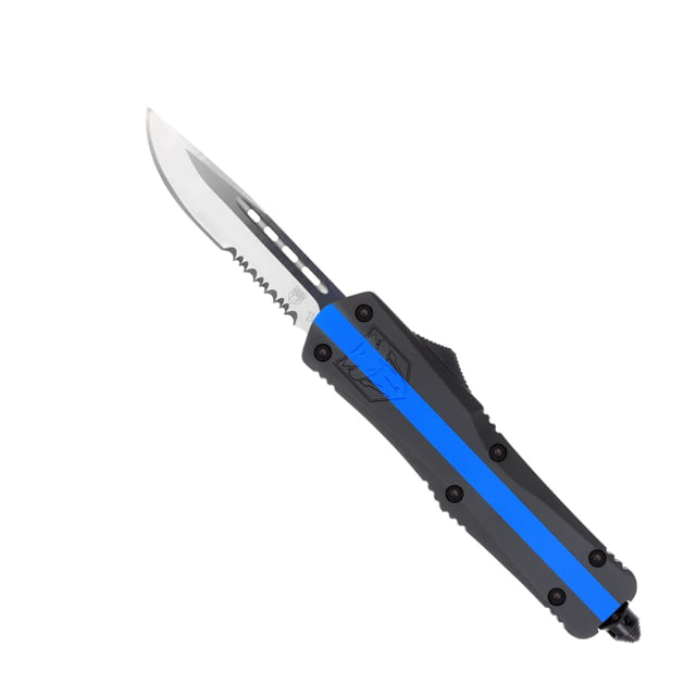 CobraTec Knives Medium FS-3 OTF Knife 3in D2 Steel Drop Serrated Blade Blue Line Usa Flag Handle - Cobratec Knives