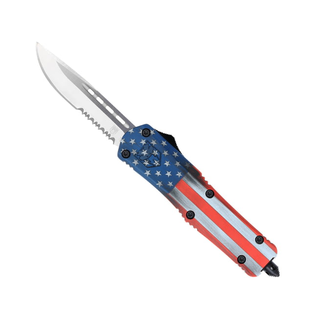 CobraTec Knives Medium FS-3 OTF Knife 3in D2 Steel Drop Serrated Blade Cerakote/Usa Flag Handle - Cobratec Knives