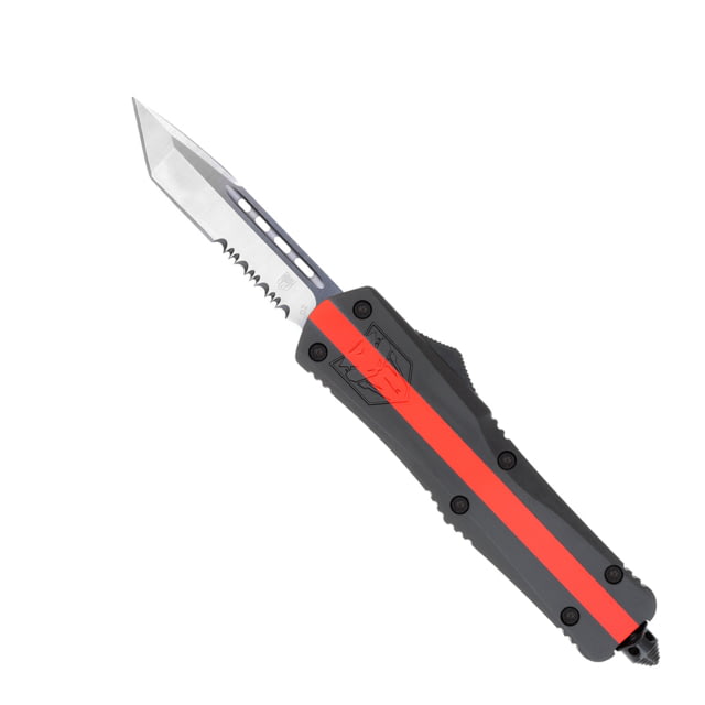 CobraTec Knives Medium FS-3 OTF Knife 3in D2 Steel Tanto Serrated Blade Red Line Fire Fighter Handle - Cobratec Knives