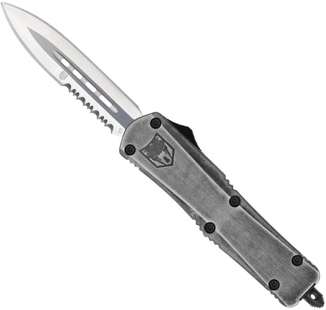CobraTec Knives FS-3 Medium OTF Automatic Folding Knives 3in D2 Steel Dagger 1 Sided Serrated Blade Stonewash Aluminum Handle - Cobratec Knives