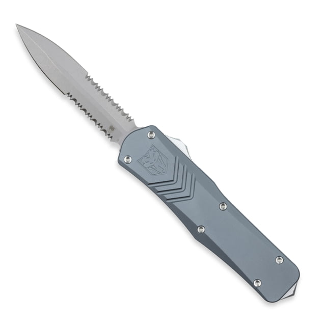 CobraTec Knives FS-X Medium Gen II OTF Automatic Folding Knife 3in Stonewashed D2 Steel Blade Dagger 2 Side Serrated Blade Grey Handle - Cobratec Knives